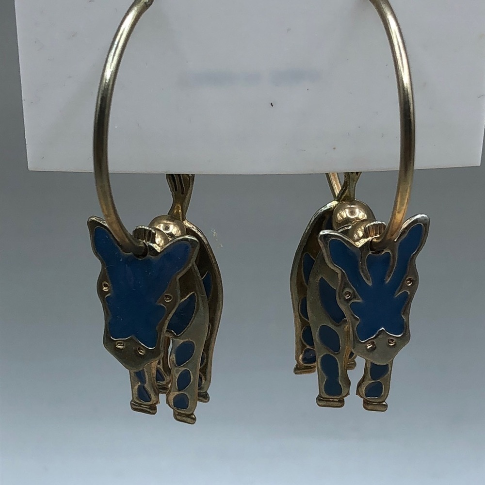 Retro gold and blue enamel zebra dangle charm hoop earrings - fun -new old stock
